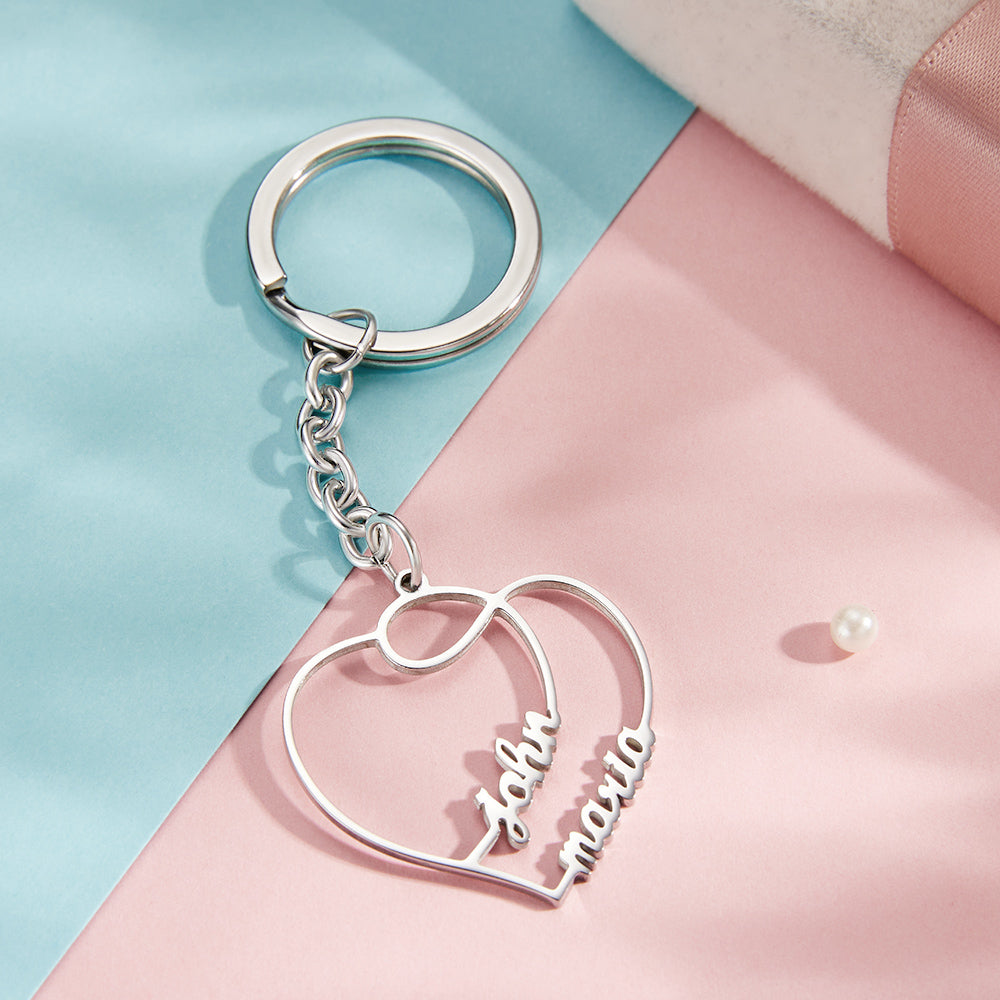 Personalized Two Names Double Heart Keychain Custom Letters Metal Key Ring for Couples
