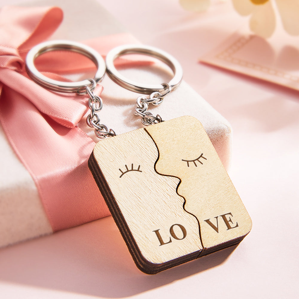 Custom Engraved Keychain Personalized Wooden Couple Keychain Gift for Lover