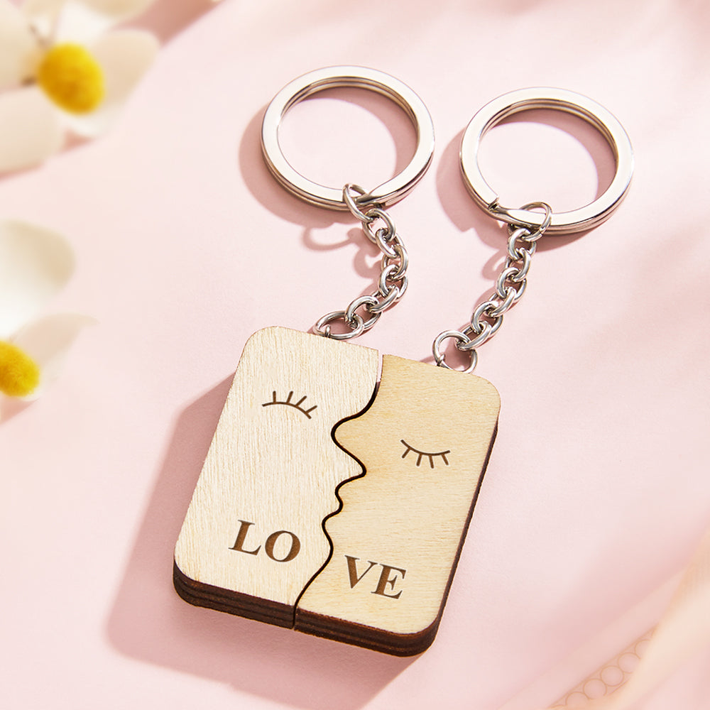 Custom Engraved Keychain Personalized Wooden Couple Keychain Gift for Lover