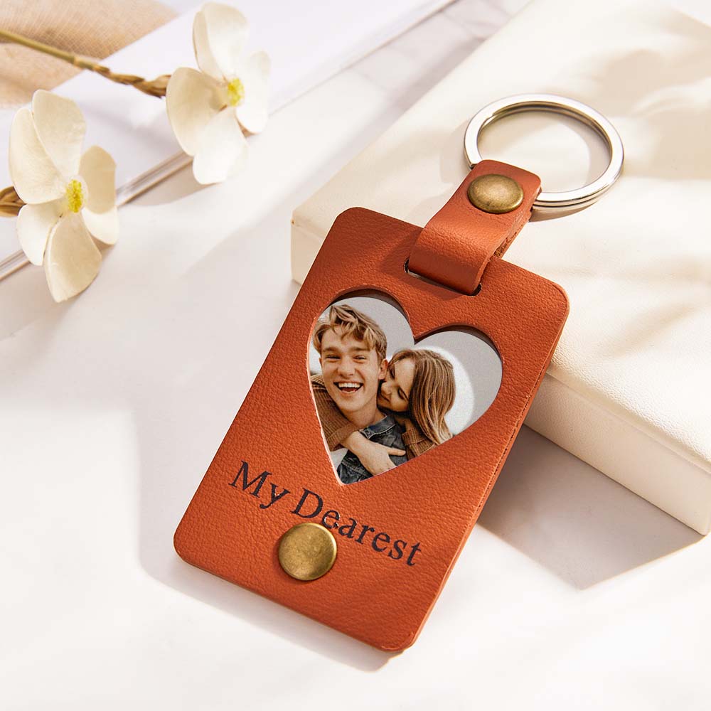 Custom Photo Engraved Keychains Heart-shaped Leather Gifts for Couple