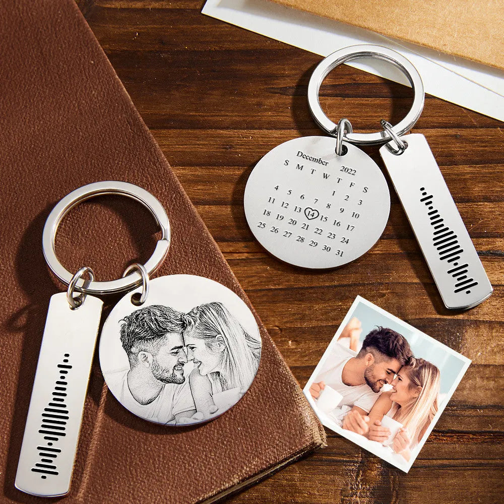 Personalized Calendar Keychain Special Day Significant Photo Heart Square Circle Shape Music Code Metal Keychain Anniversary Gift