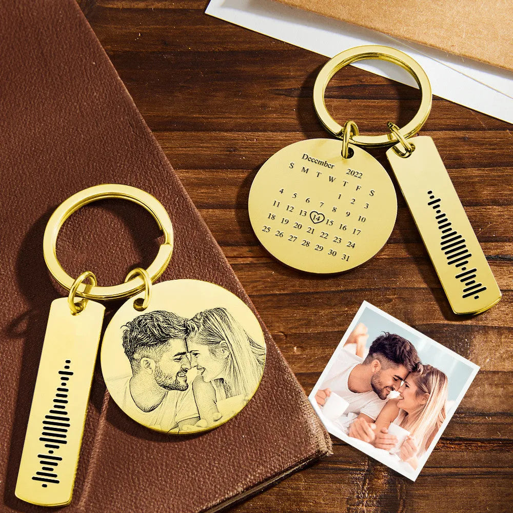 Personalized Calendar Keychain Special Day Significant Photo Heart Square Circle Shape Music Code Metal Keychain Anniversary Gift