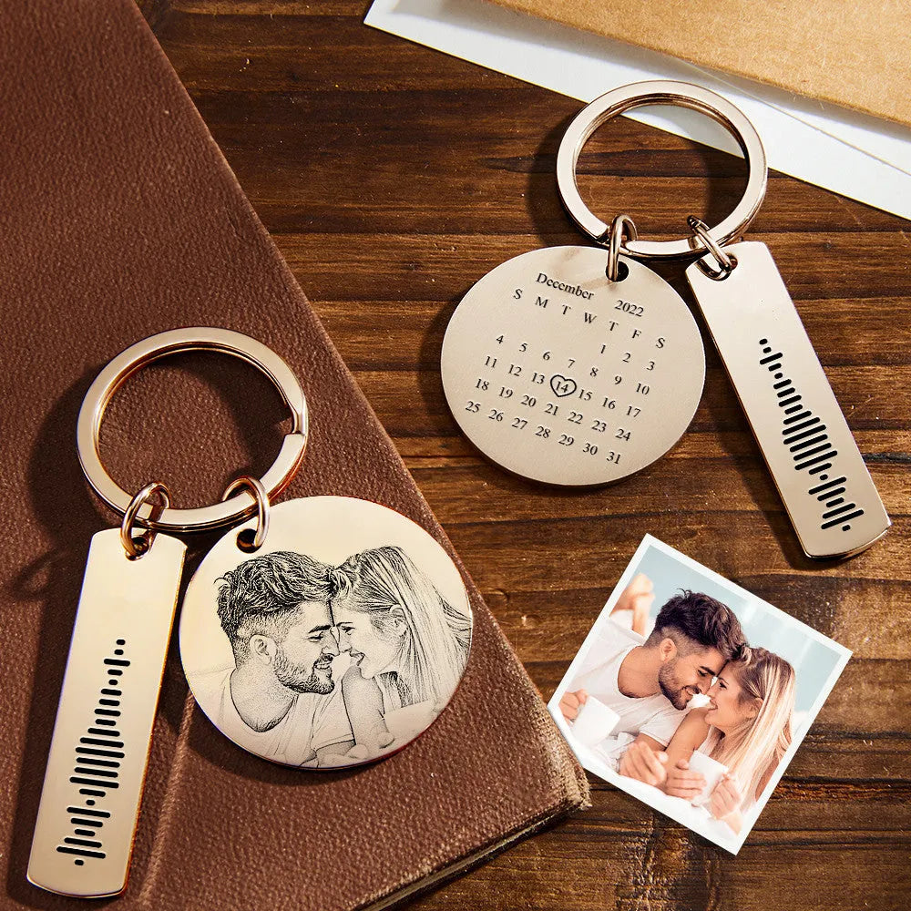Personalized Calendar Keychain Special Day Significant Photo Heart Square Circle Shape Music Code Metal Keychain Anniversary Gift