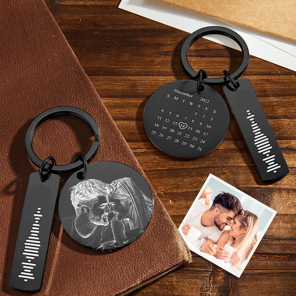 Personalized Calendar Keychain Special Day Significant Photo Heart Square Circle Shape Music Code Metal Keychain Anniversary Gift