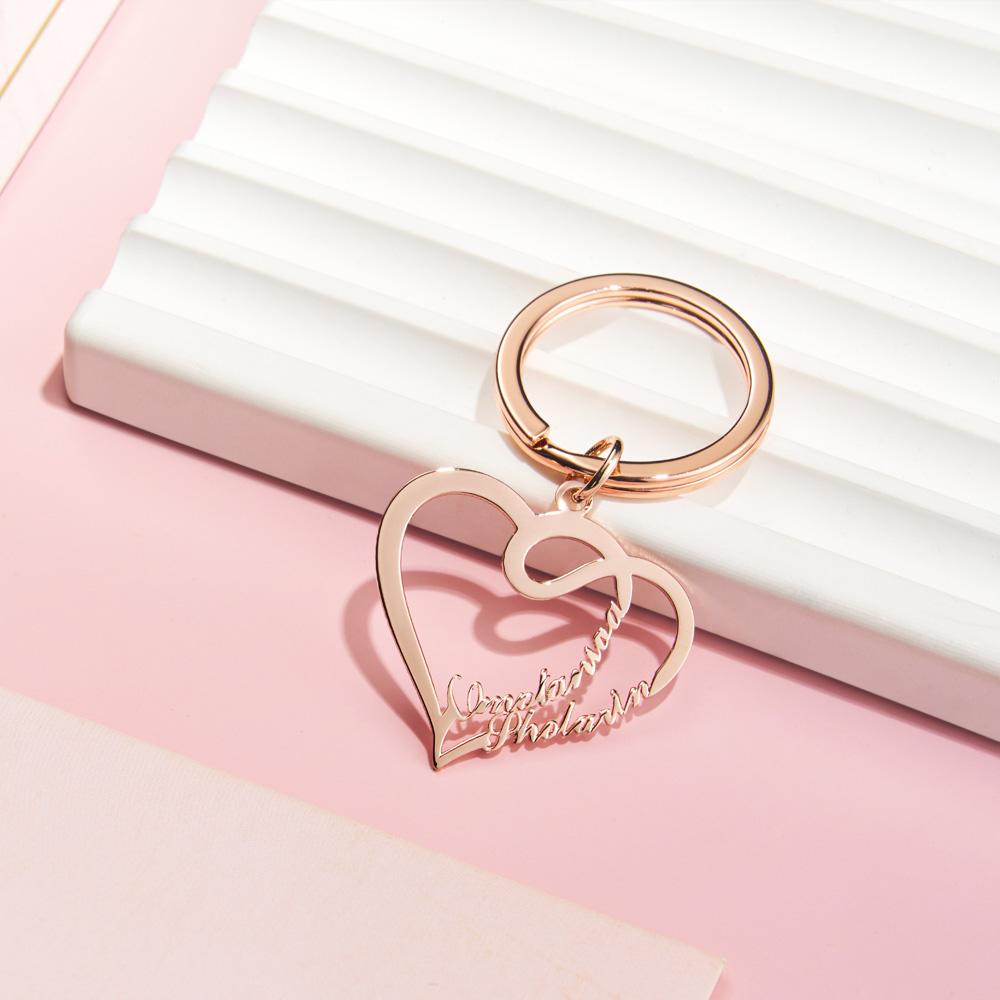 Custom Engraved Name Keychain Double Love Couple Gifts