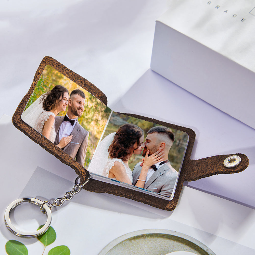 Personalized Mini Photo Album Leather Keychain Custom Photo Brown Keychain Pendant Romantic Gift