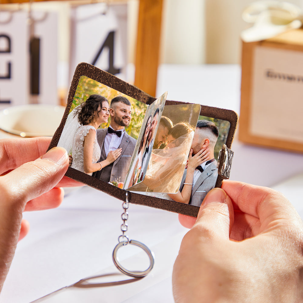 Personalized Mini Photo Album Leather Keychain Custom Photo Brown Keychain Pendant Romantic Gift