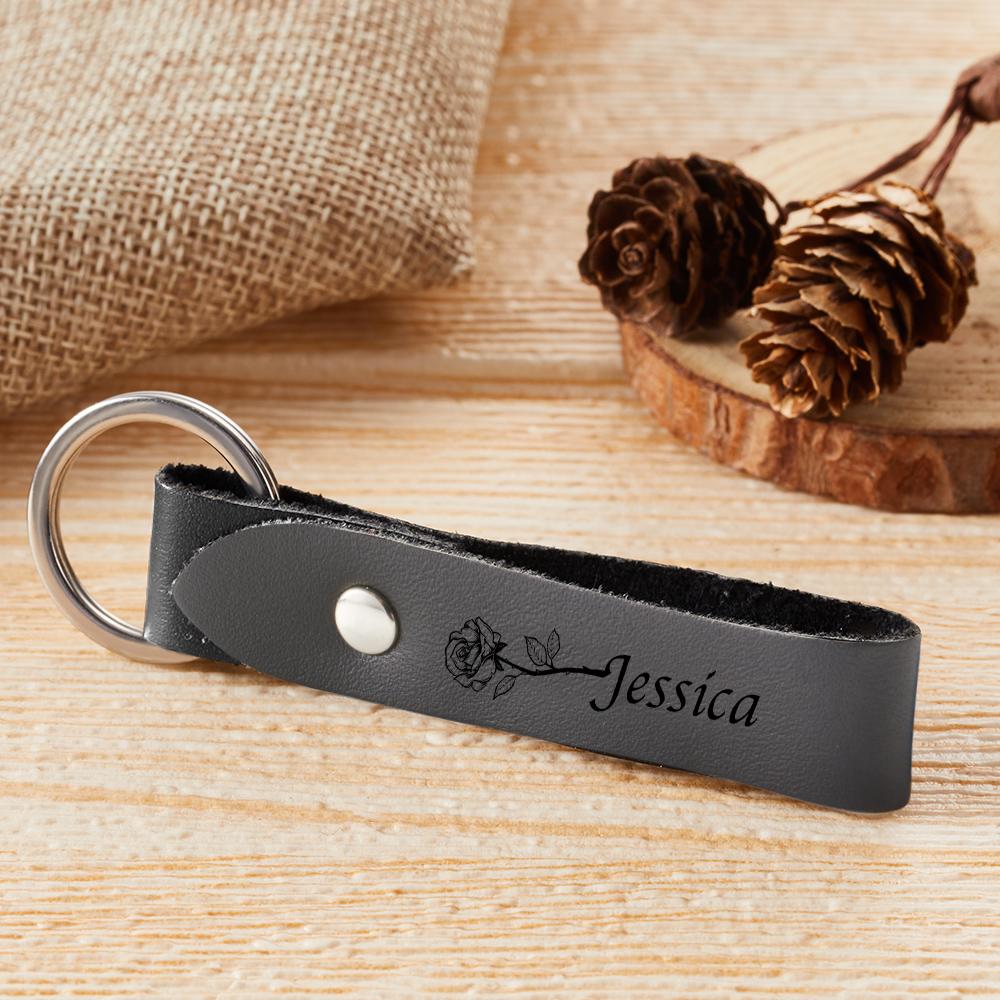 Custom Name Leather Keychain Personalised Rose Key Chain Memorial Gifts for Her