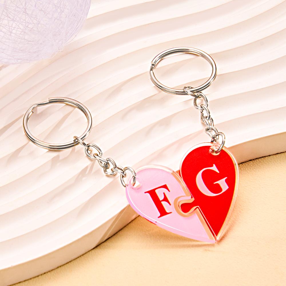 Custom Engraved Heart Puzzle Keychain Set First Initial Pendant Matching Heart Keychain for Couples