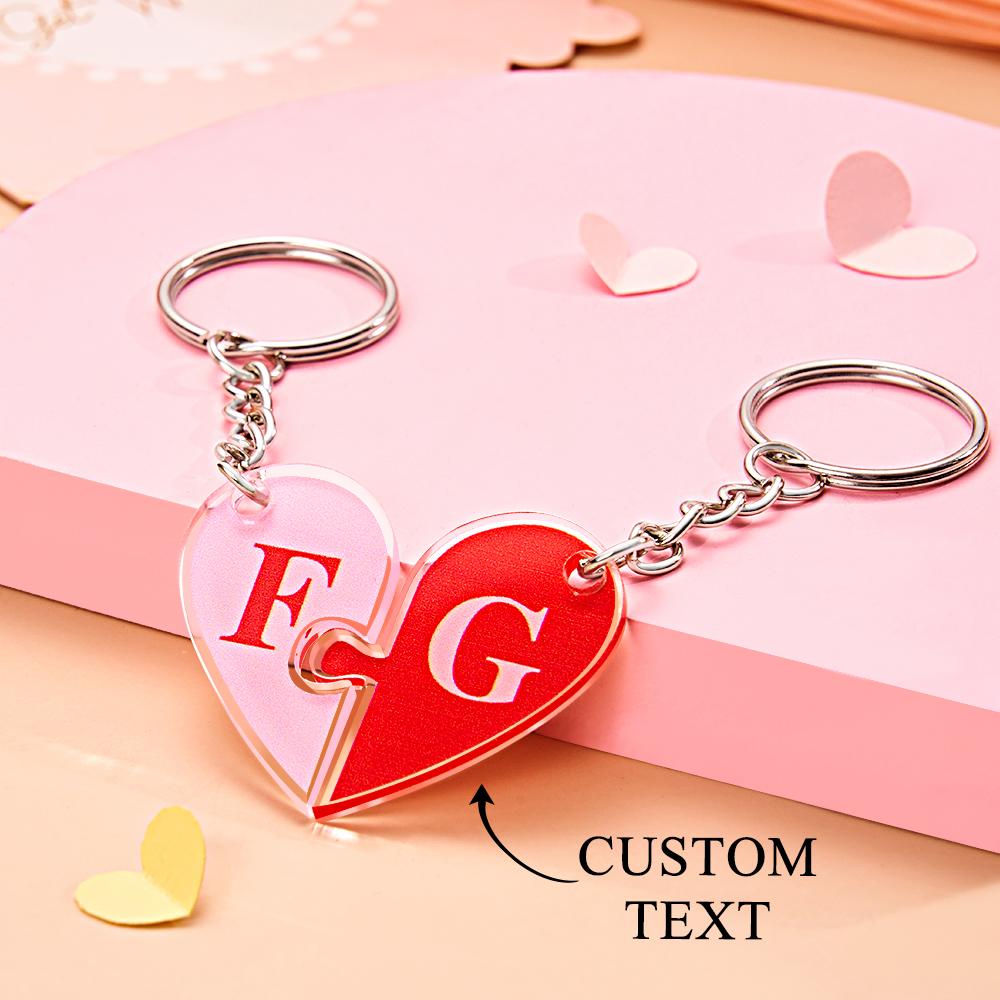 Custom Engraved Heart Puzzle Keychain Set First Initial Pendant Matching Heart Keychain for Couples
