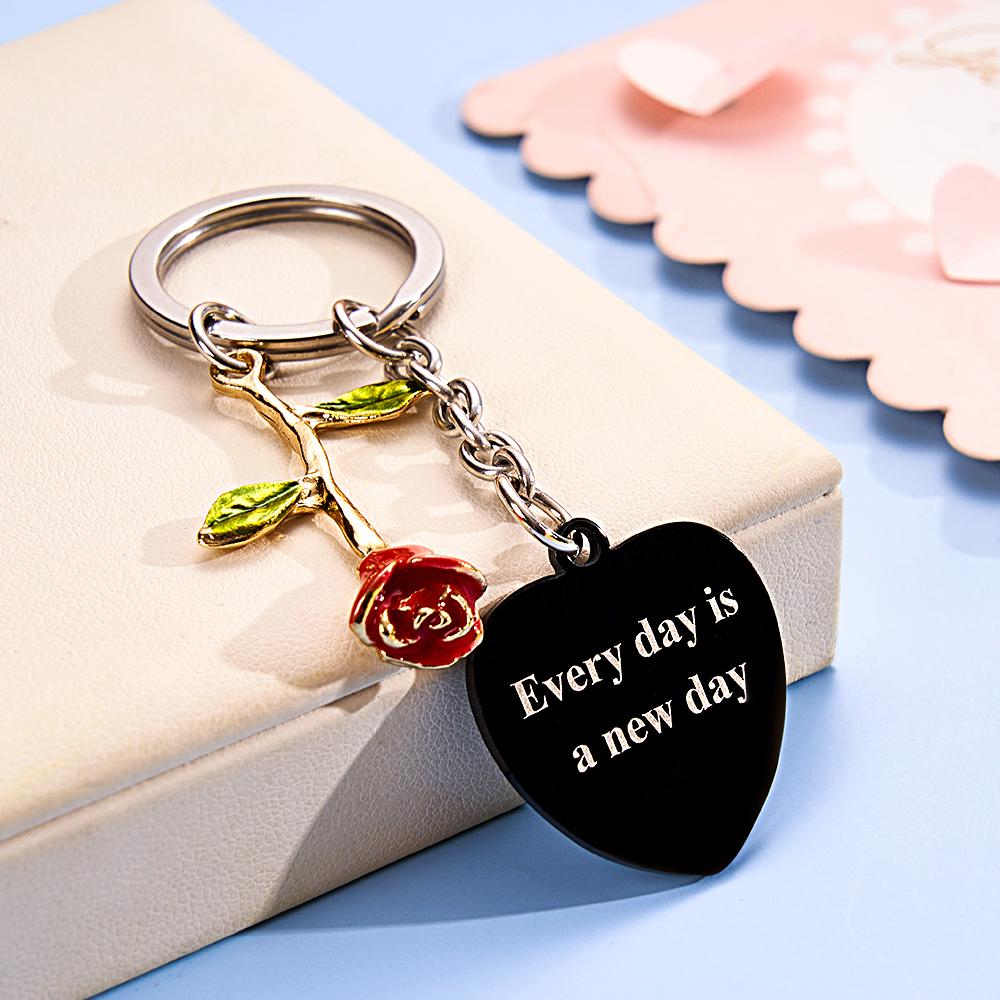 Personalized Rose Pendant Heart Keychain Elegant Flower Key Ring for Her