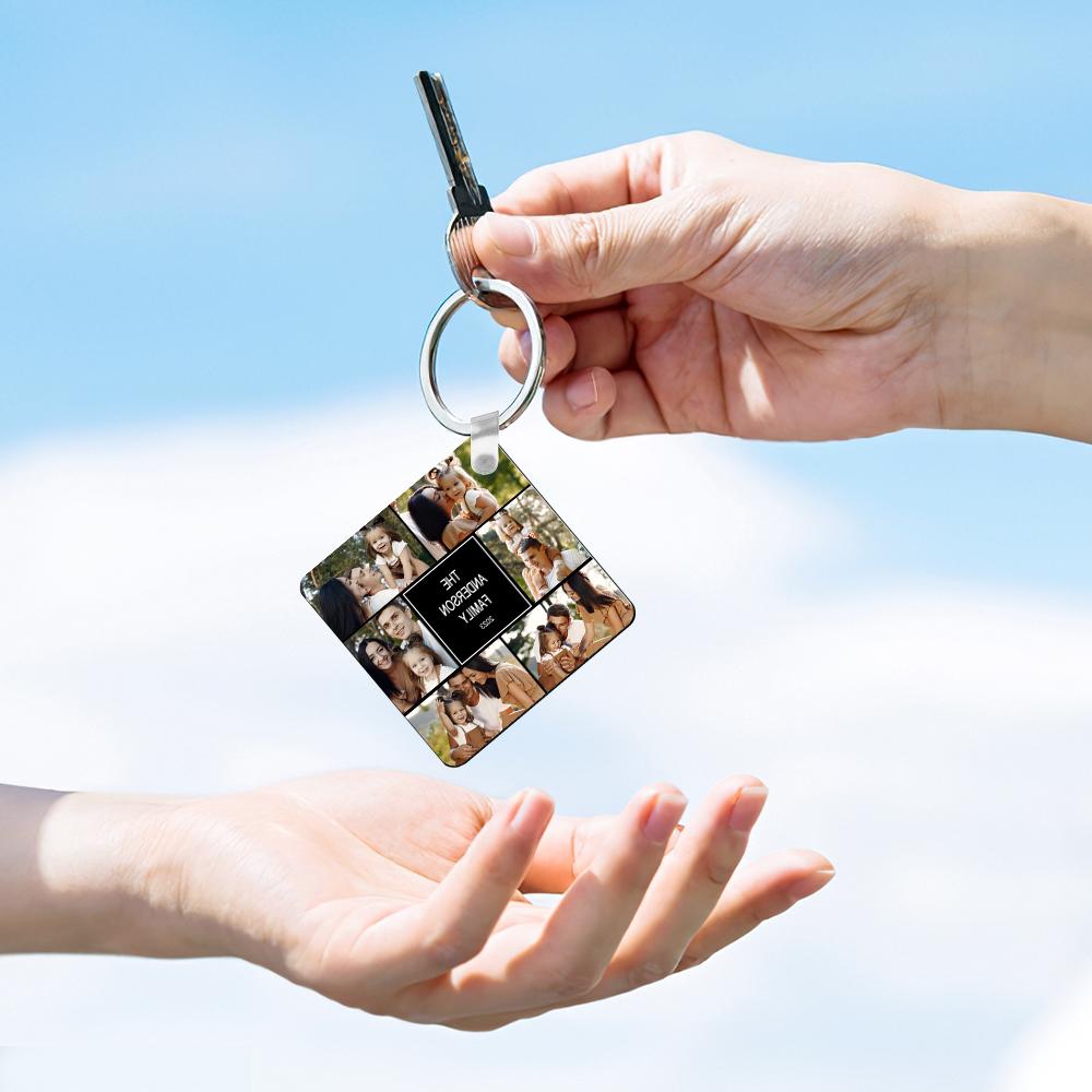 Custom Multiphoto Engraved Keychain Square Collage Editable Color Gift Photo Keychain