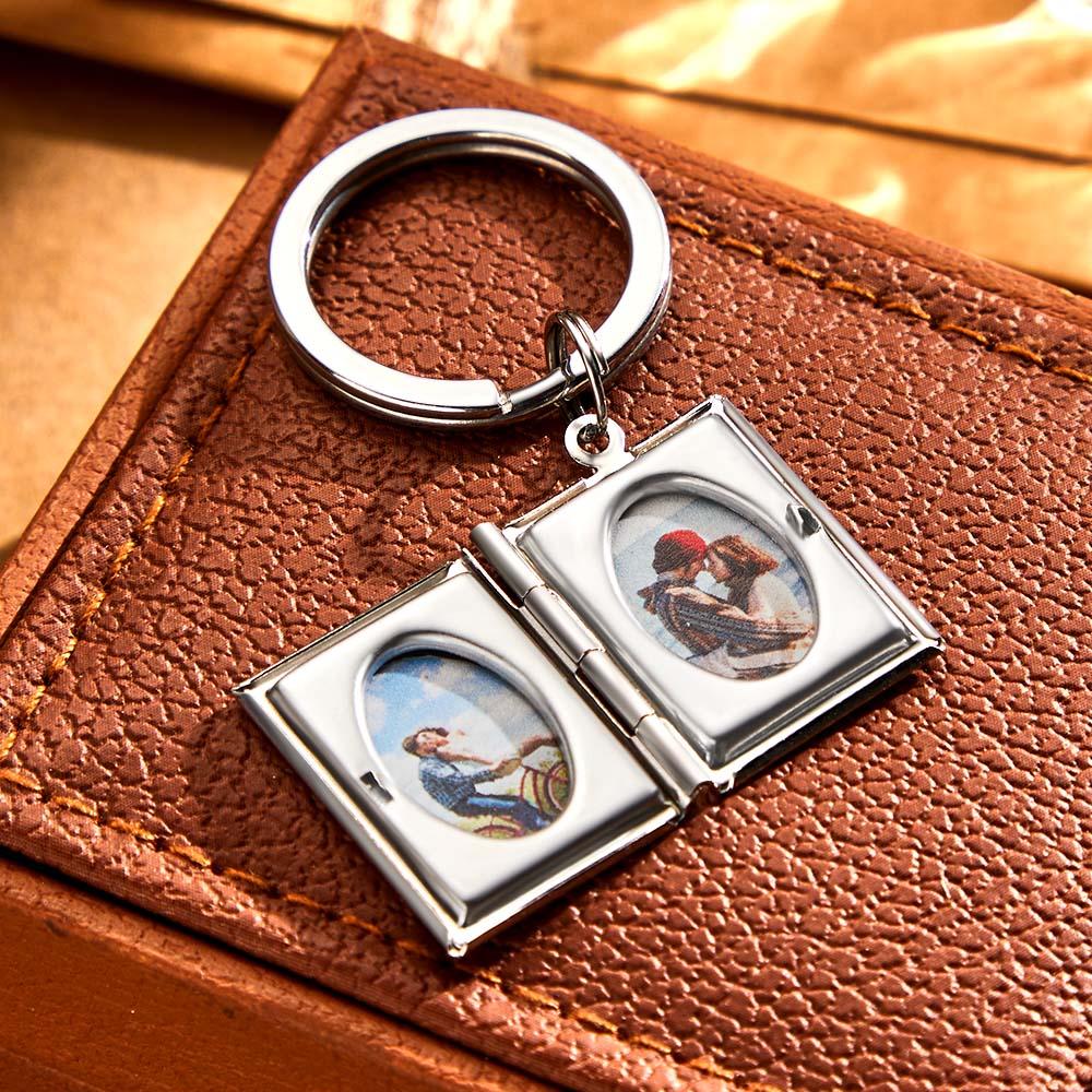 Personalized Photo Locket Keychain for Men Women Engraved Text Memorial Key Chain