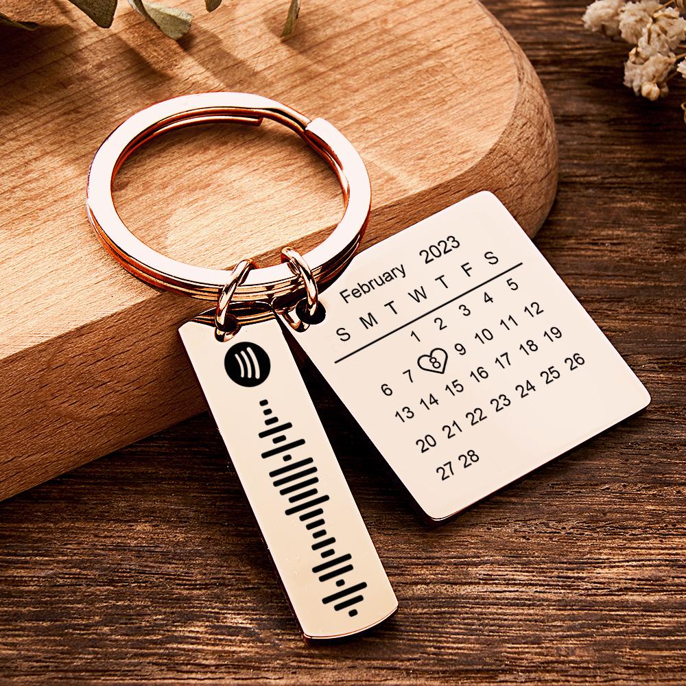 Personalized Calendar Keychain Special Day Significant Photo Heart Square Shape Music Code Metal Keychain Anniversary Gift