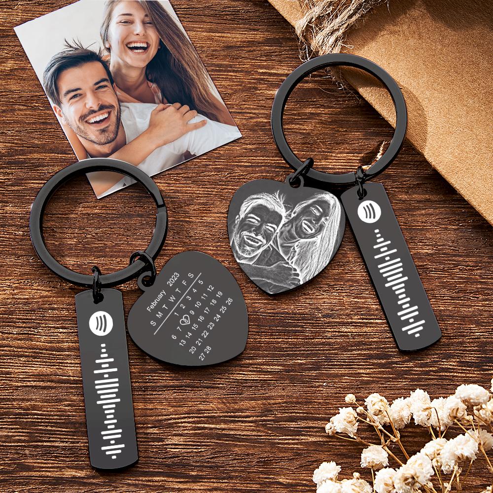 Personalized Calendar Keychain Special Day Significant Photo Heart Square Shape Music Code Metal Keychain Anniversary Gift