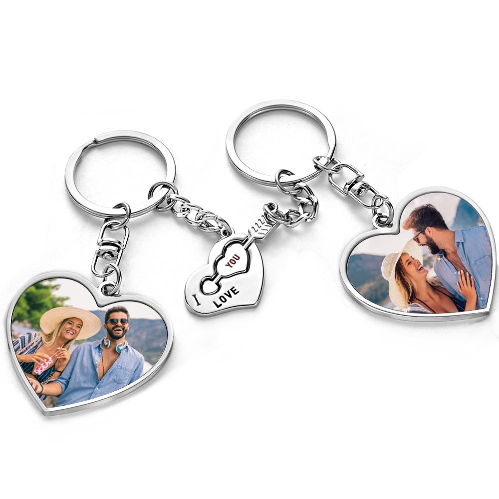 A Pair of Custom Keychain with Photo and Cupid Arrow and Heart for Lover