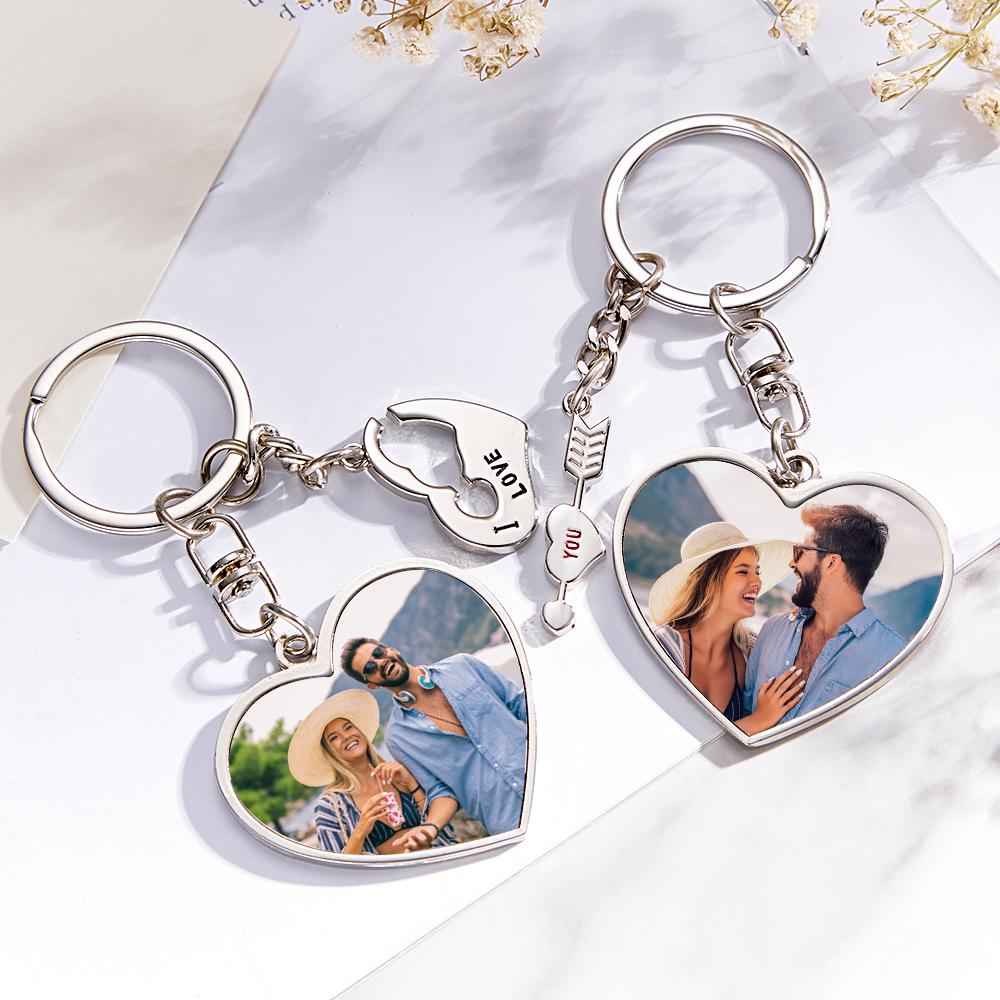 A Pair of Custom Keychain with Photo and Cupid Arrow and Heart for Lover