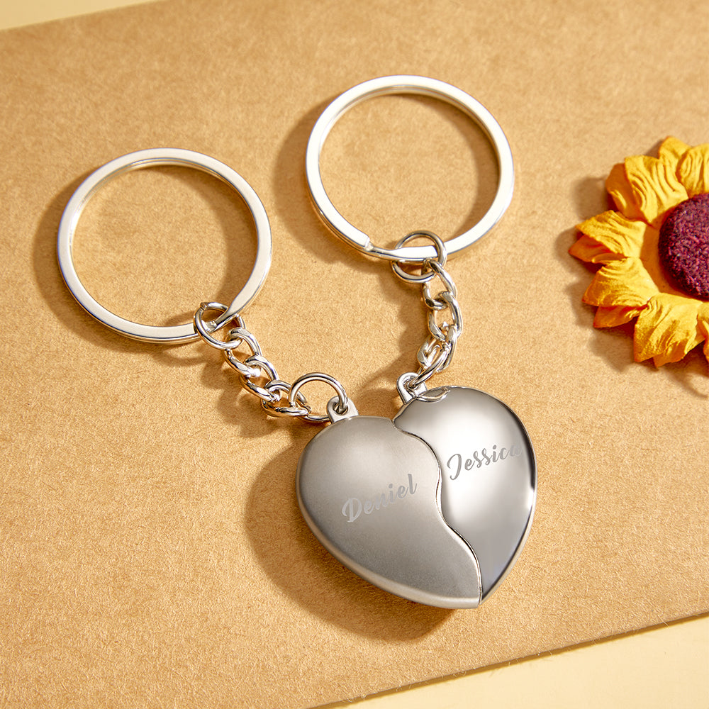Split Heart Keyring Personalized Names Custom Valentines Day Gift for Couple