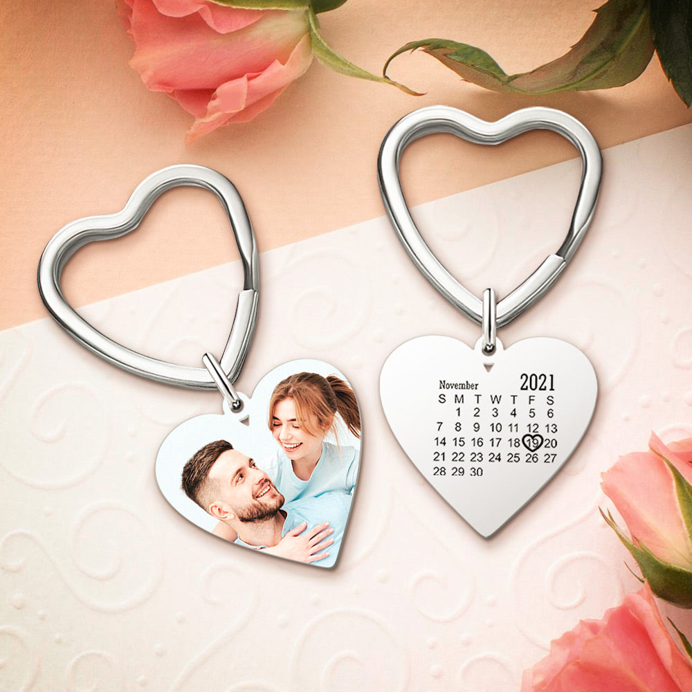 Custom Photo Heart Keychain Calendar Keyring Anniversary Memoria Gifts for Couple's