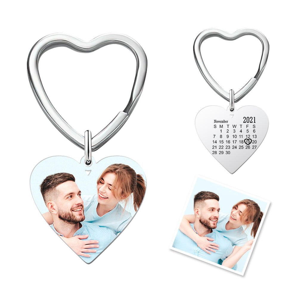 Custom Photo Heart Keychain Calendar Keyring Anniversary Memoria Gifts for Couple's