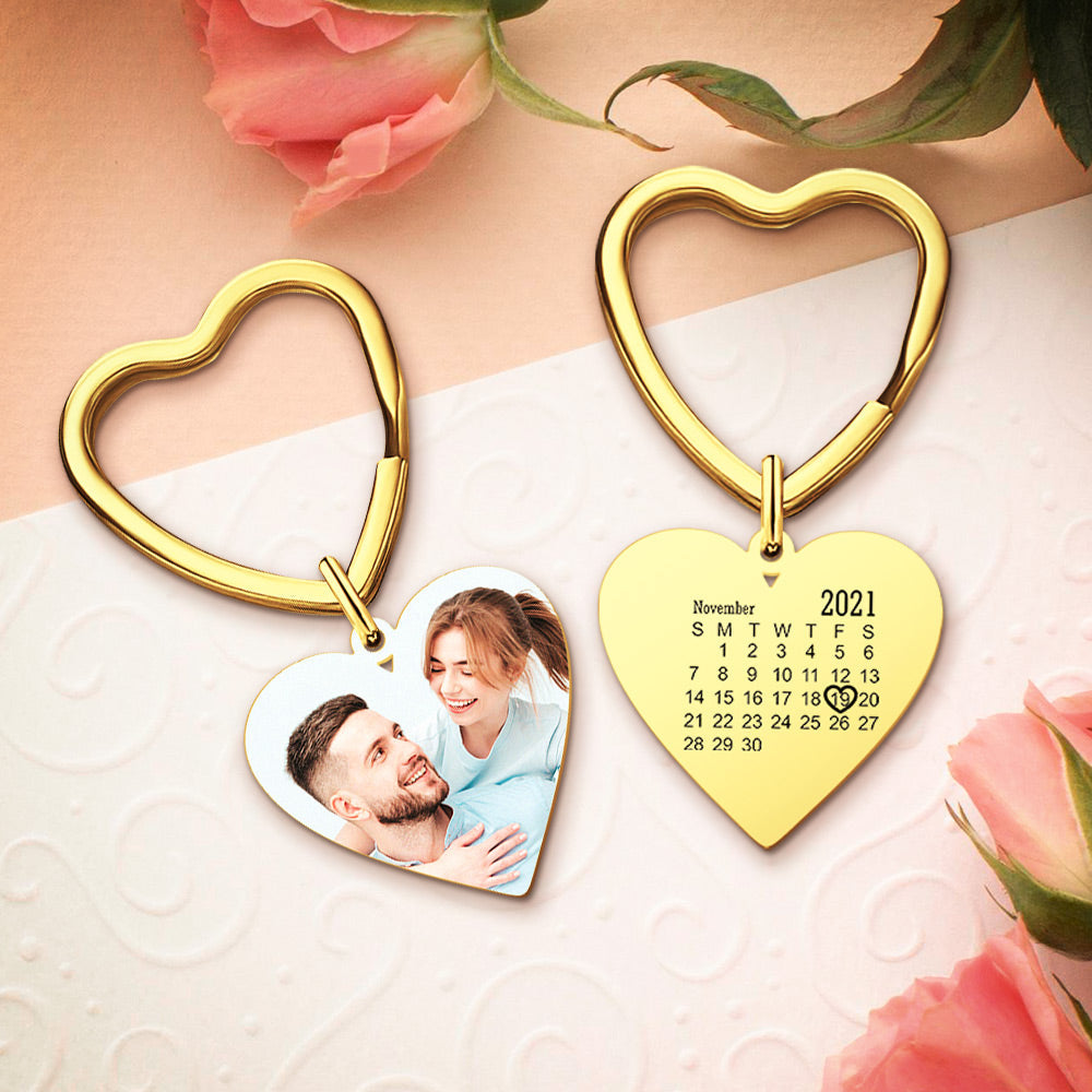 Custom Photo Heart Keychain Calendar Keyring Anniversary Memoria Gifts for Couple's