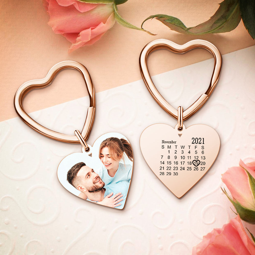 Custom Photo Heart Keychain Calendar Keyring Anniversary Memoria Gifts for Couple's