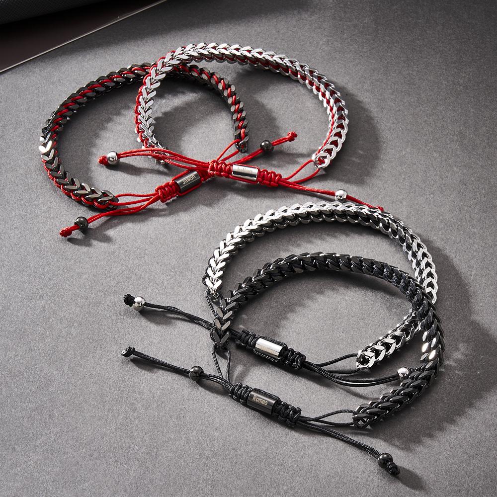 Metal Rope Woven and Stainless Steel Bracelet Red Black Silver Men's Bracelet Customize Text Box Bracelet