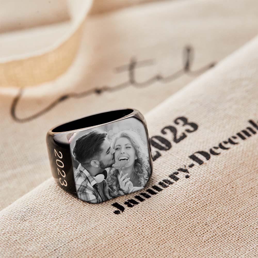 Personalized Photo Square Ring Custom Engraved Ring Gift For Men