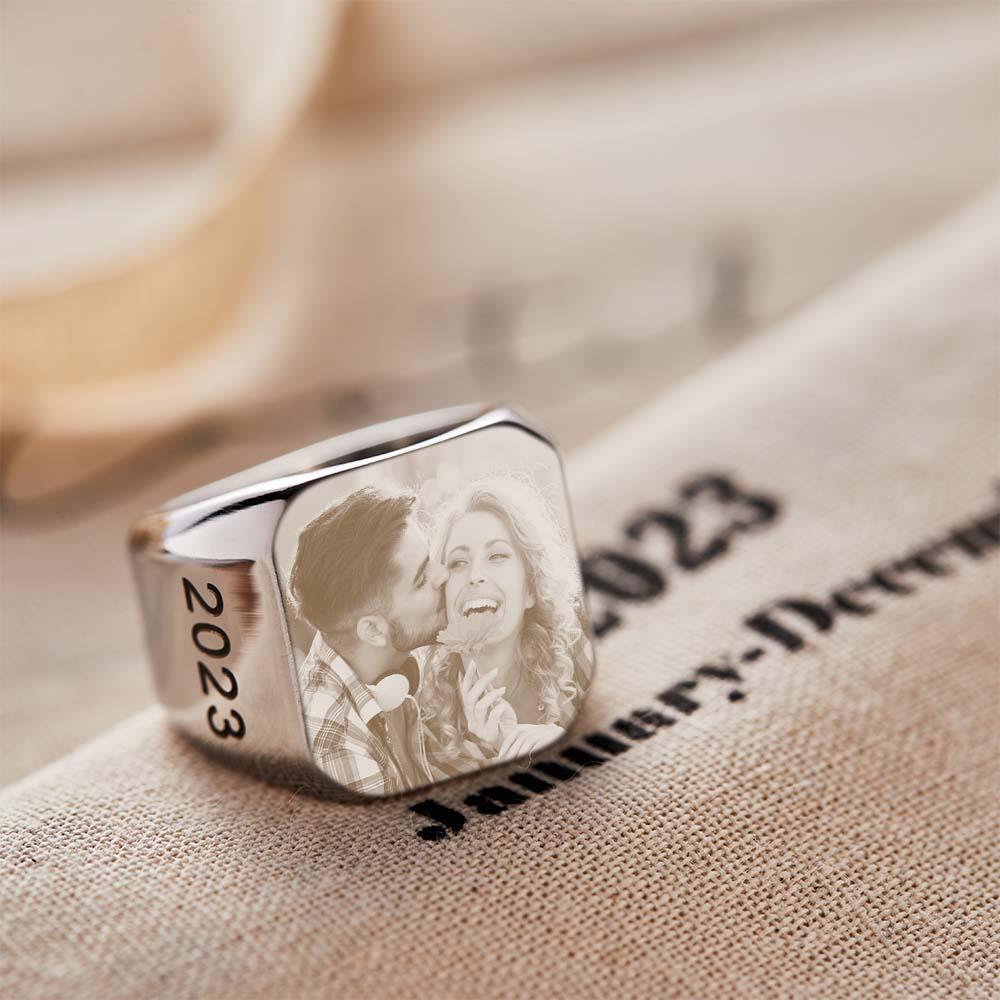 Personalized Photo Square Ring Custom Engraved Ring Gift For Men