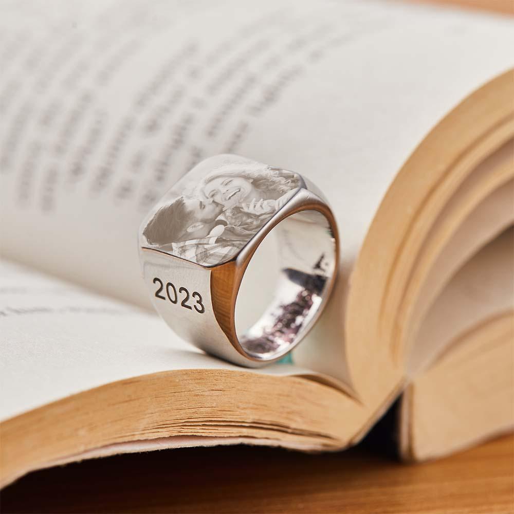 Personalized Photo Square Ring Custom Engraved Ring Gift For Men