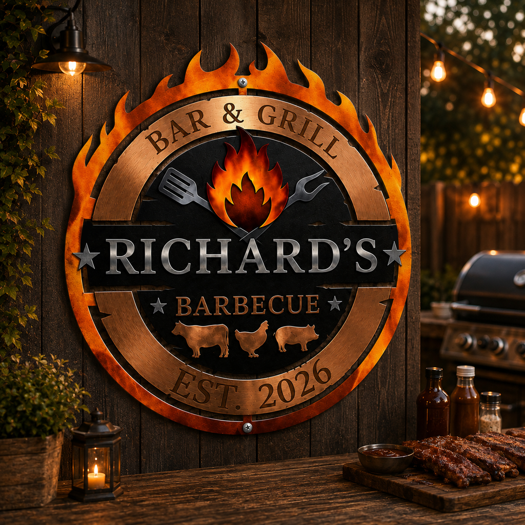 Rustic Flame Grill Sign for Men Who Cook – Personalized Outdoor Wall Art for Backyard Barbecue Lovers, Man Cave or Garage Decor