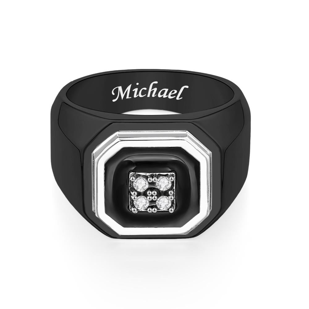 Engraved Ice Ring Black Decor Bright Stone Jeweley Ring For Men
