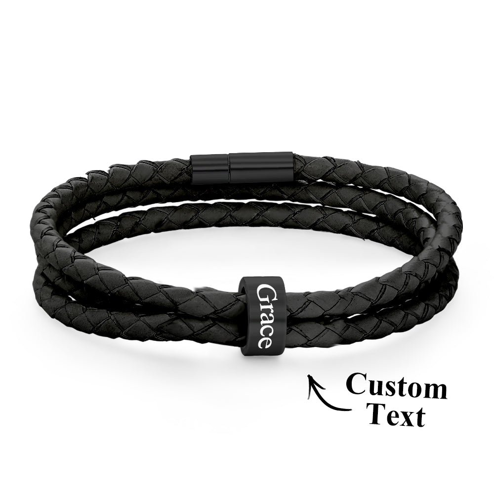 Men Braided Leather Bracelet with Small Custom Beads