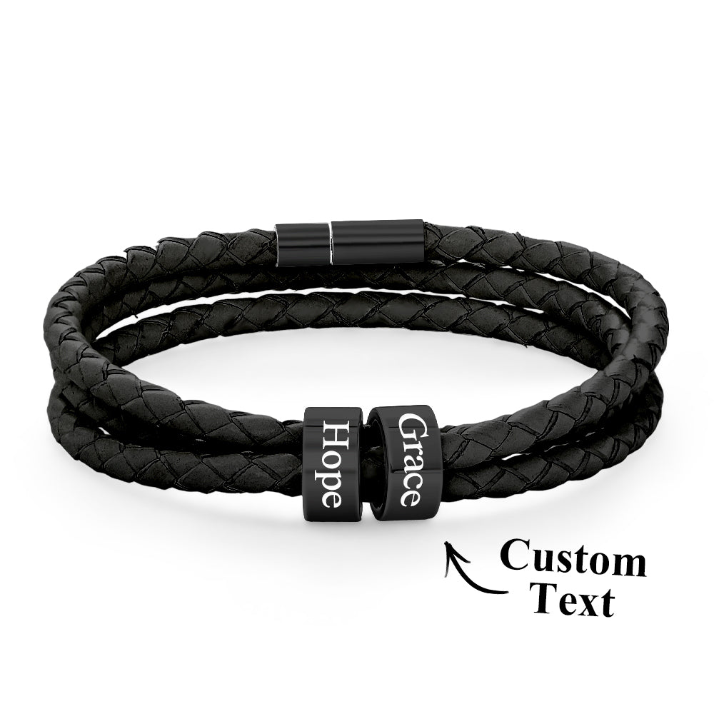 Men Braided Leather Bracelet with Small Custom Beads