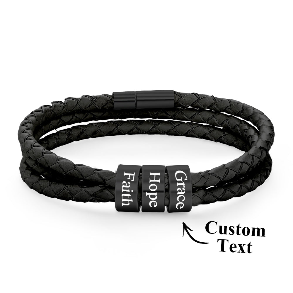 Men Braided Leather Bracelet with Small Custom Beads