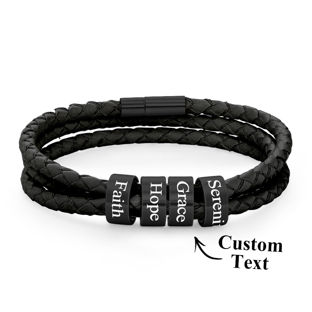 Men Braided Leather Bracelet with Small Custom Beads