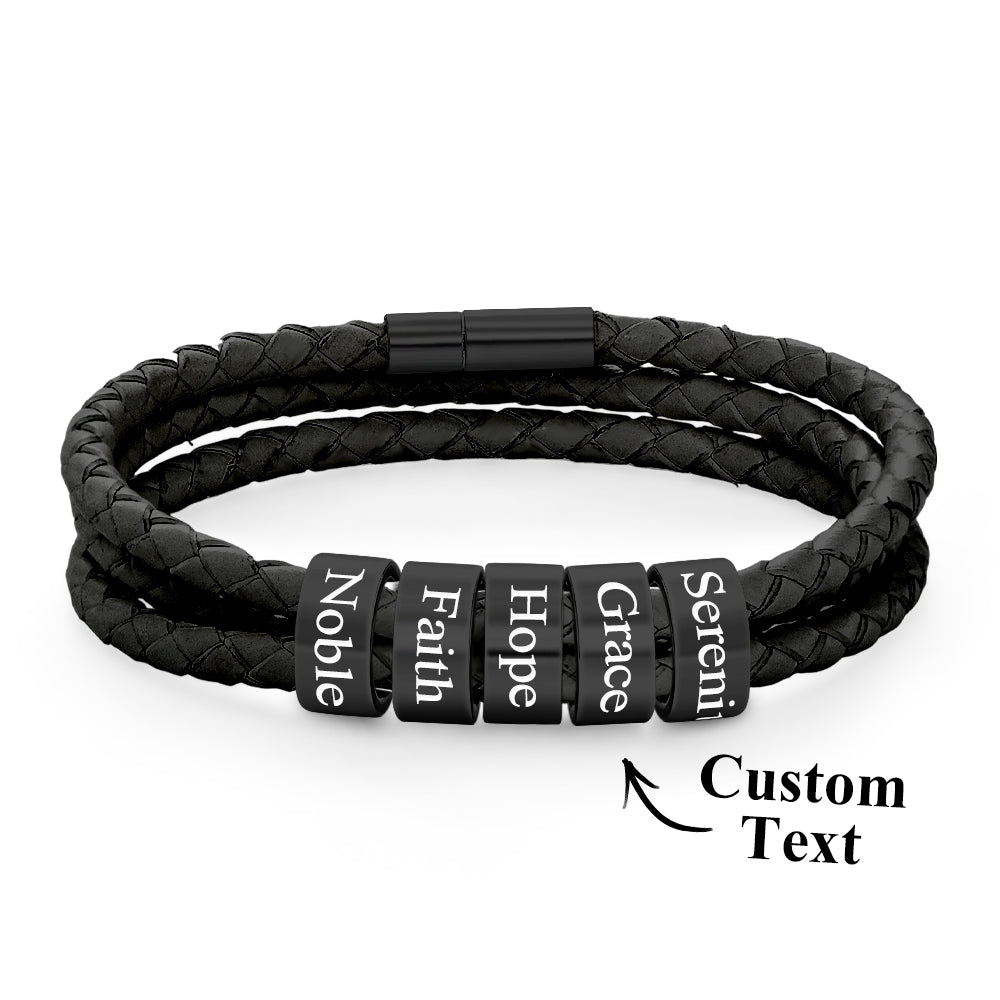 Men Braided Leather Bracelet with Small Custom Beads