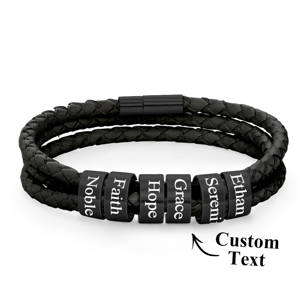 Men Braided Leather Bracelet with Small Custom Beads