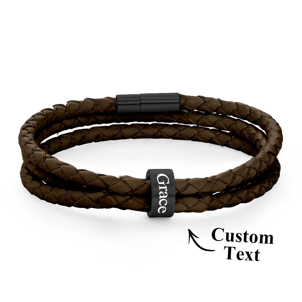 Men Braided Leather Bracelet with Small Custom Beads