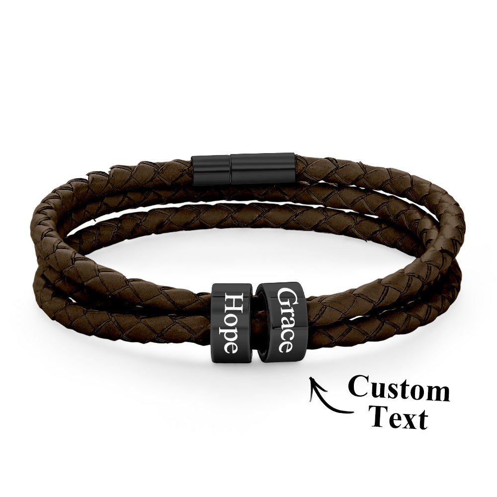 Men Braided Leather Bracelet with Small Custom Beads