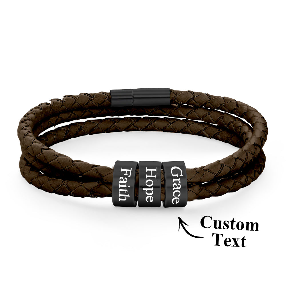 Men Braided Leather Bracelet with Small Custom Beads