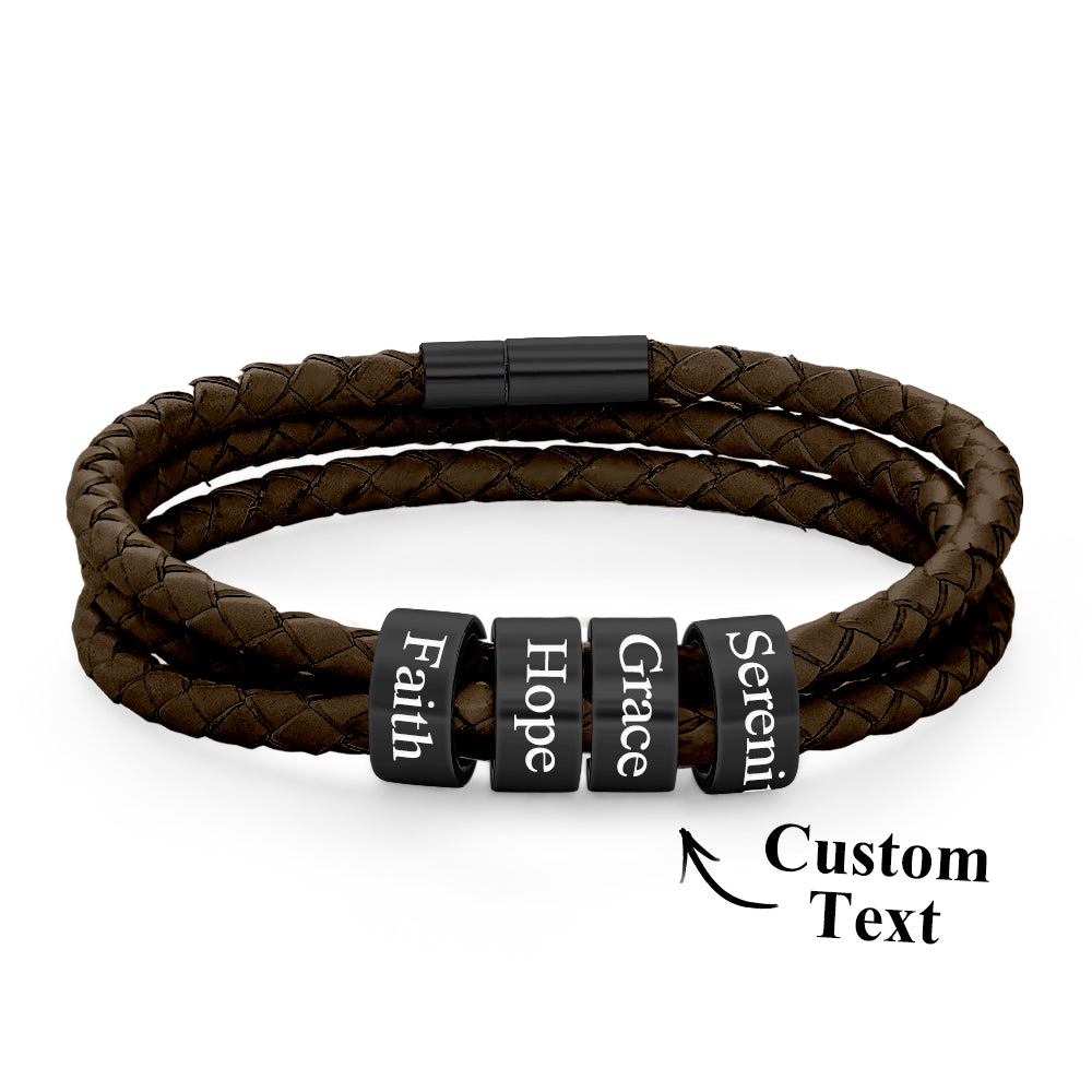 Men Braided Leather Bracelet with Small Custom Beads