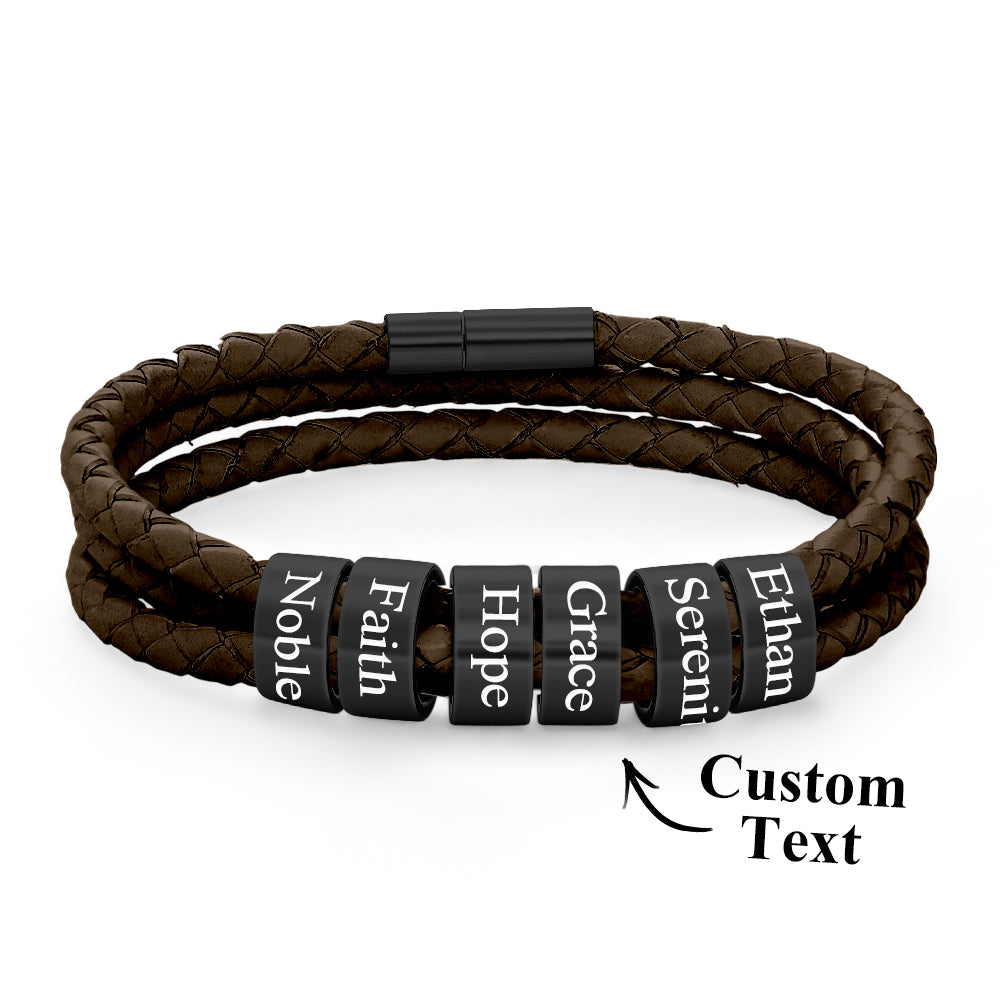Men Braided Leather Bracelet with Small Custom Beads