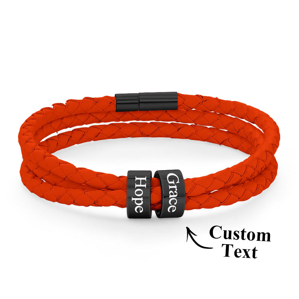 Men Braided Leather Bracelet with Small Custom Beads