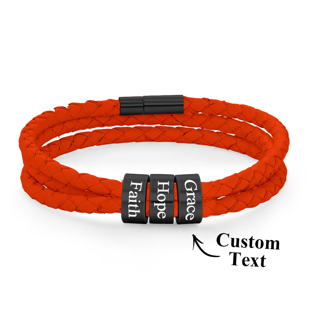 Men Braided Leather Bracelet with Small Custom Beads