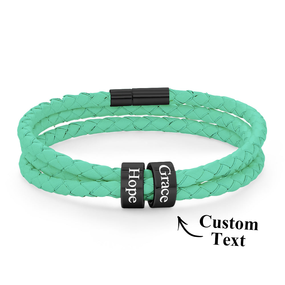Men Braided Leather Bracelet with Small Custom Beads