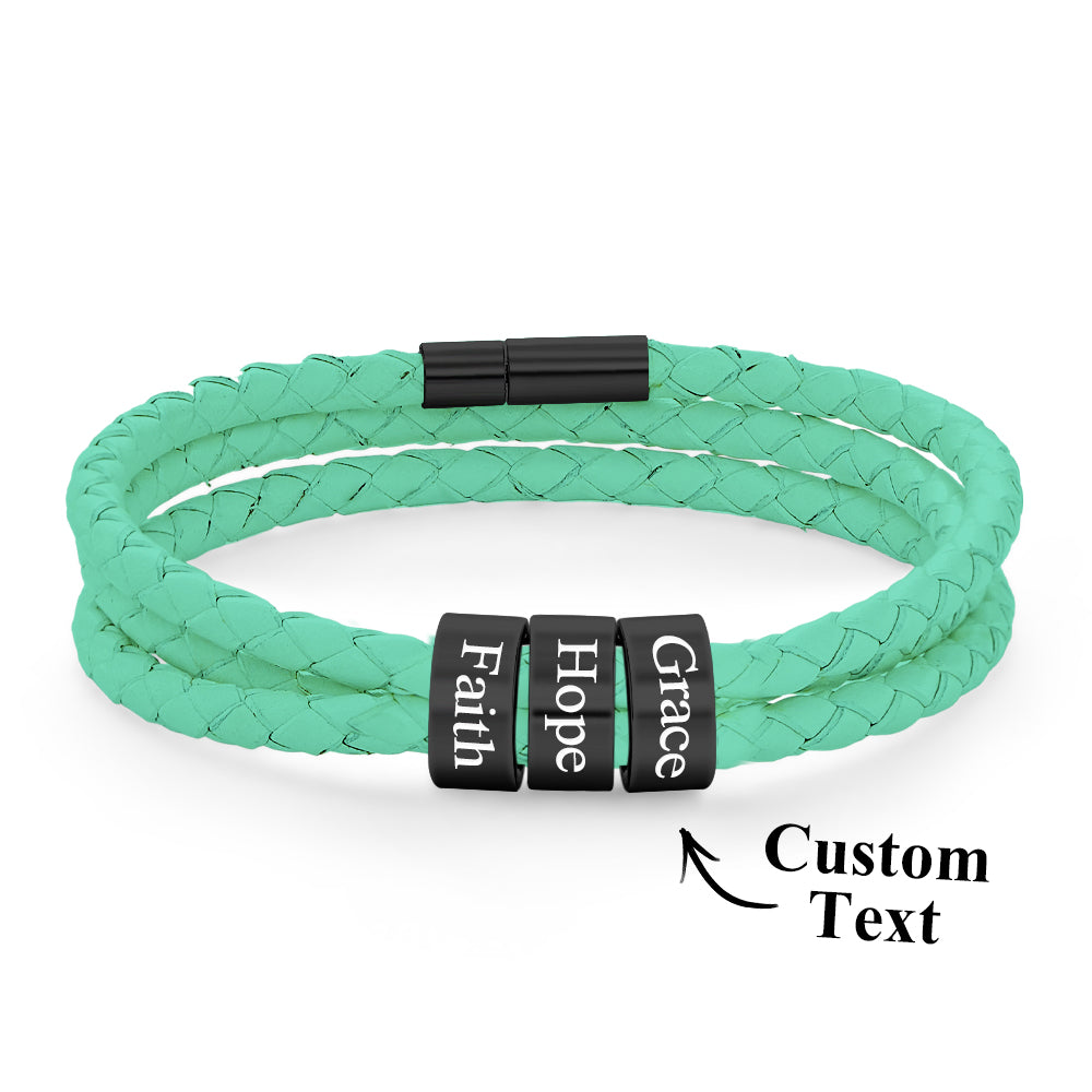Men Braided Leather Bracelet with Small Custom Beads