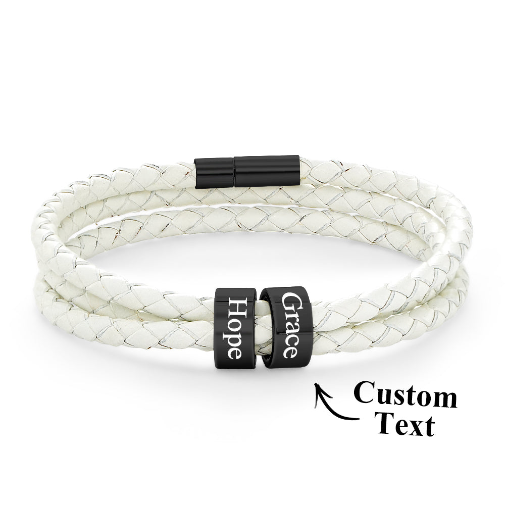 Men Braided Leather Bracelet with Small Custom Beads