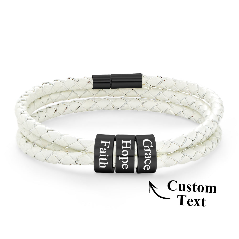 Men Braided Leather Bracelet with Small Custom Beads