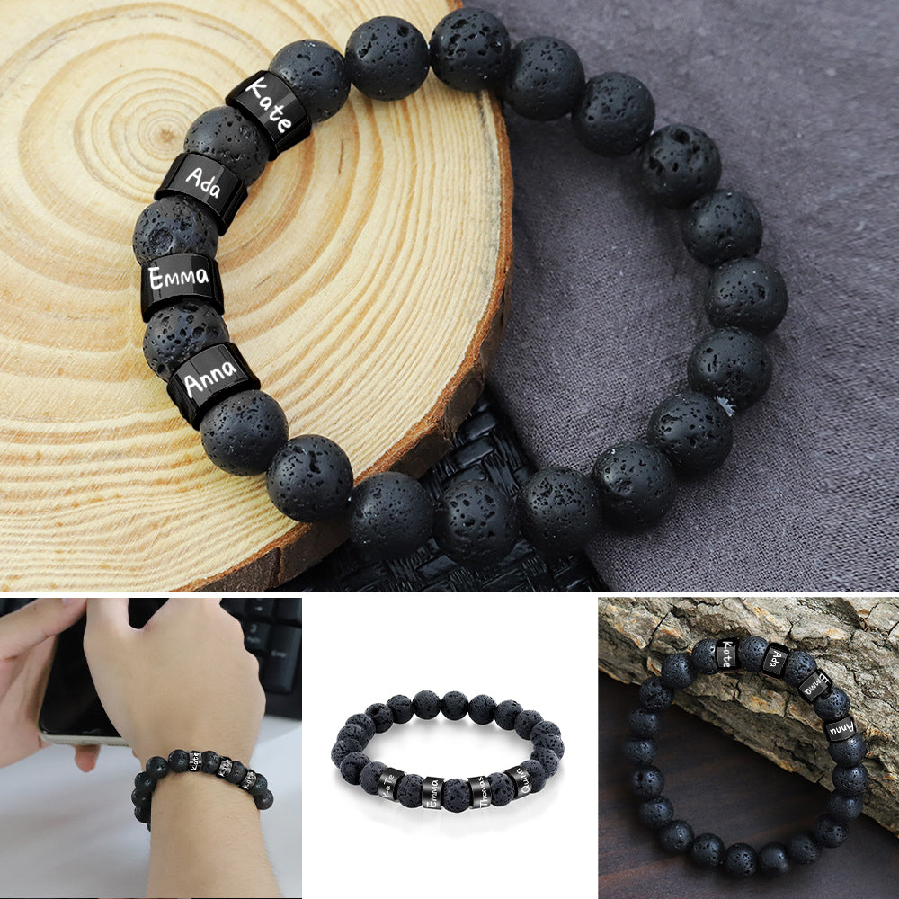 Personalized Name Black Lava Stone Bead Bracelet Gift for Men Husband Father Grandfather